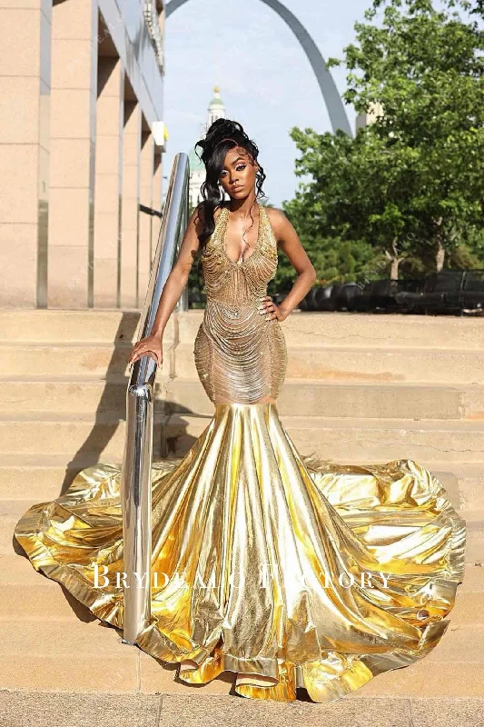 Prom Dress | Gold Glitter Halter Plunging Neck Illusion Trumpet Formal Gown