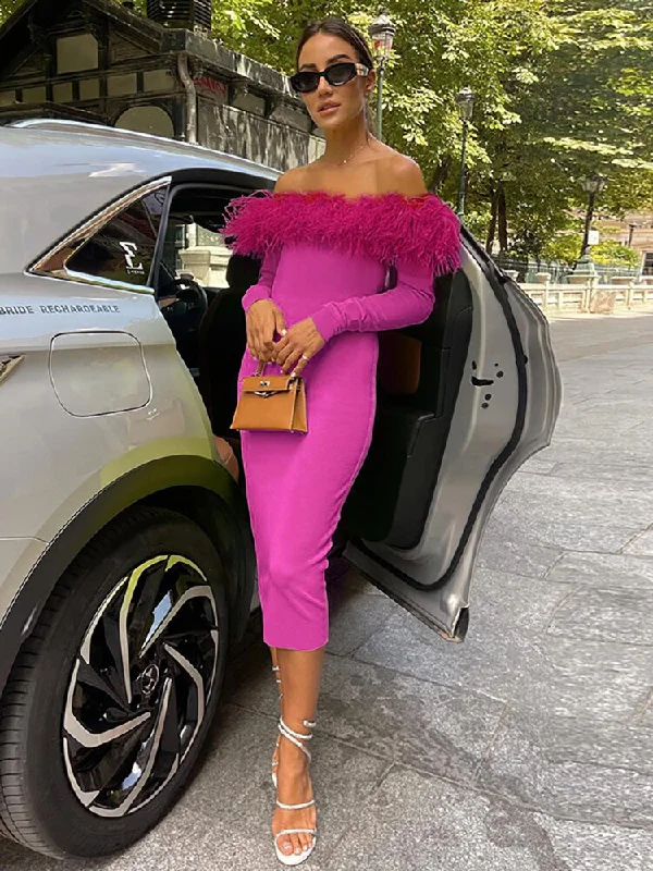 Sexy Strapless Feather Women Dress Green Long Sleeve High Waist Dress