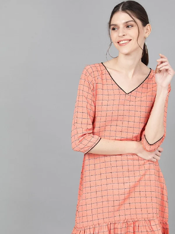 Women's  Peach-Coloured Checked Drop-Waist Dress - AKS Tunic Top Casual