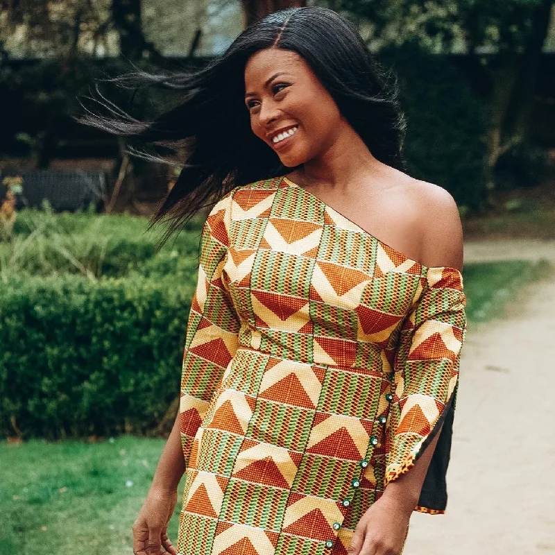 Ama African Print Kente Cape Dress Tunics Bridal satin
