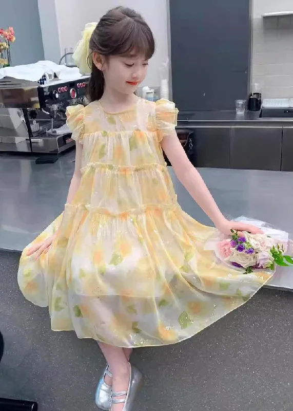 Cute Yellow O-Neck Ruffled Chiffon Girls Long Dress Summer TT021 Tunics Distressed trendy