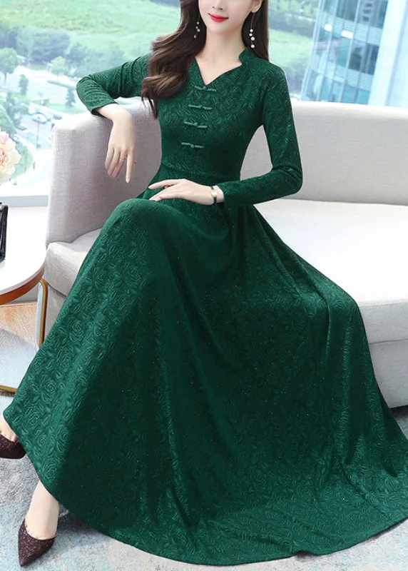 Elegant Green Print Chinese Button Cotton Long Dresses OO027 Shift Classic Vintage