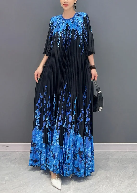 Fine Black O Neck Print Pleated Long Dresses Summer AO1006 Tunics Travel practical