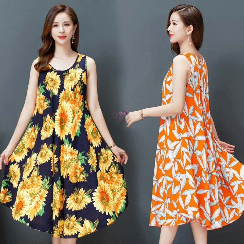 ikearlax Large Size Bourette Vest Dress Summer New Ethnic Style Women's Clothing Artistic Retro Printing Sleeveless Swing Long Dress