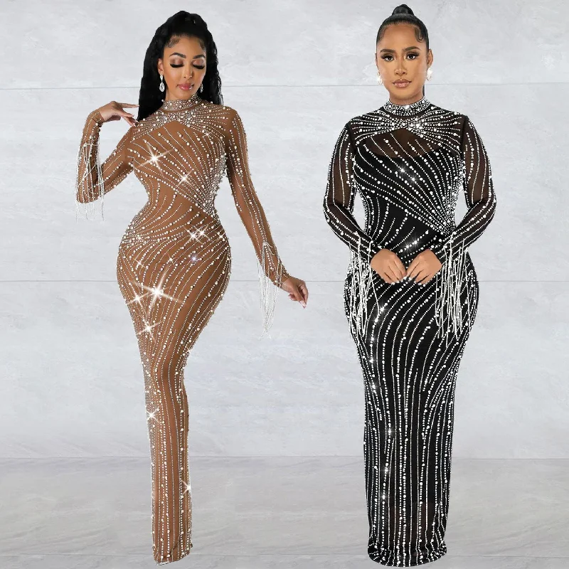 IKEARLAX  Z2215 Cross-Border Autumn and Winter New  European and American Women's Clothing Sexy Mesh Rhinestone Nightclub Party Long Dress