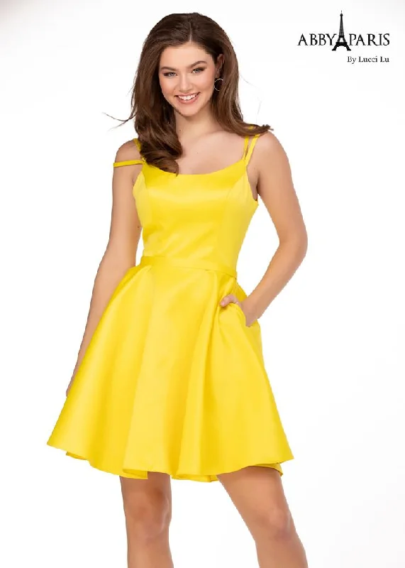 Abby Paris 94050 Size 4, 14 Yellow Short A Line Homecoming Dress Pockets Scoop Neck Formal Cocktail Dress Abby Paris 94050 Size 4, 14 Yellow Short A Line Homecoming Dress Pockets Scoop Neck Formal Cocktail Dress