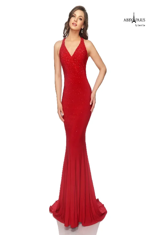 Abby Paris 981010 Size 10 Hot Red Long Fitted Prom Dress Jersey Formal Gown