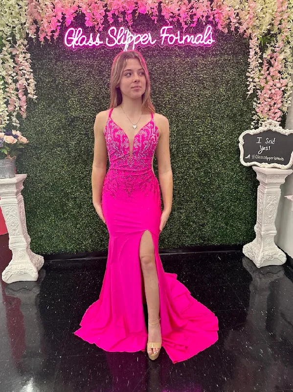 Amarra 20019 Size 2, 10 Bright Pink Prom Dress Embellished fitted jersey with a plunging V neckline bodice, lace up back, and a slit skirt. Amarra 20019 Size 2, 10 Bright Pink Prom Dress Embellished fitted jersey with a plunging V neckline bodice, lace up back, and a slit skirt.