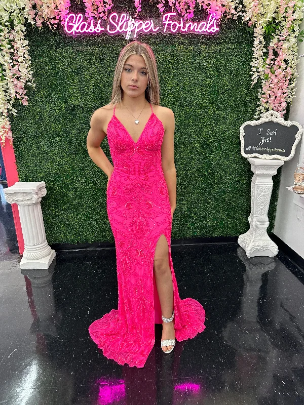 Amarra 94143 Size 00, 12 Neon Pink Beaded Long Prom Dress Backless Slit Formal Gown