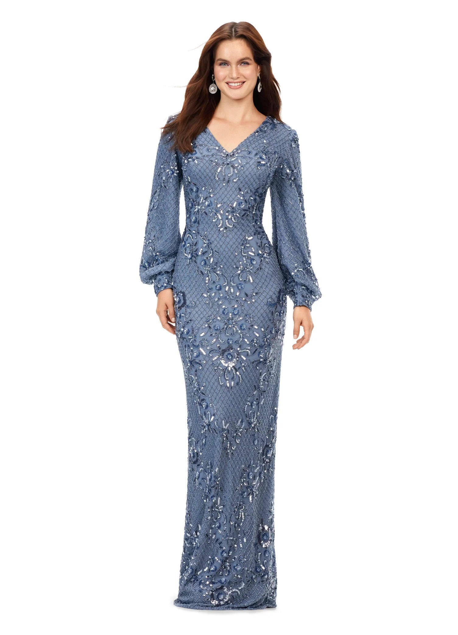 Ashley Lauren 11193 sz 18 Vintage Blue Long Formal Dress Beaded With Bishop Sleeves Fully Sequined Gown Ashley Lauren 11193 sz 18 Vintage Blue Long Formal Dress Beaded With Bishop Sleeves Fully Sequined Gown