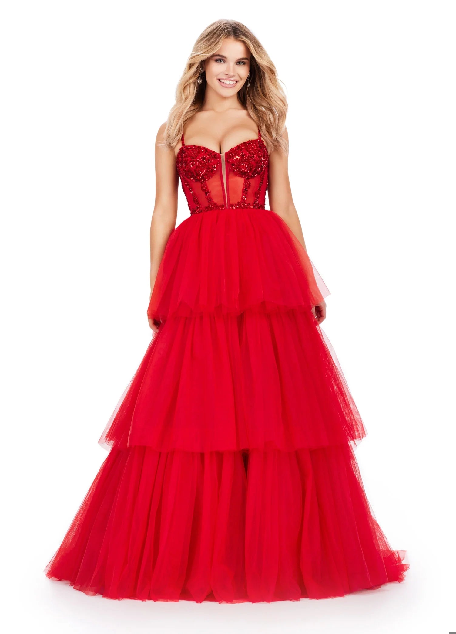 Ashley Lauren 11462 Size 16 Red Sheer Beaded Corset Layer Tulle Prom Dress Ballgown Pageant Tiered Gown Ashley Lauren 11462 Size 16 Red Sheer Beaded Corset Layer Tulle Prom Dress Ballgown Pageant Tiered Gown