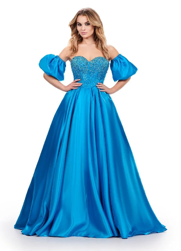 Ashley Lauren 11642 Size 10, 18 Peacock Satin A Line Crystal Corset Prom Dress Puff Sleeve Ballgown Pageant Ashley Lauren 11642 Size 10, 18 Peacock Satin A Line Crystal Corset Prom Dress Puff Sleeve Ballgown Pageant