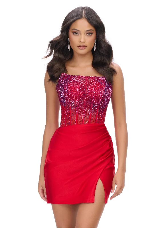 Ashley Lauren 4686 Size 4, 10 Red Short Sheer Crystal Homecoming Dress Formal Scoop Neck Cocktail Gown Ashley Lauren 4686 Size 4, 10 Red Short Sheer Crystal Homecoming Dress Formal Scoop Neck Cocktail Gown