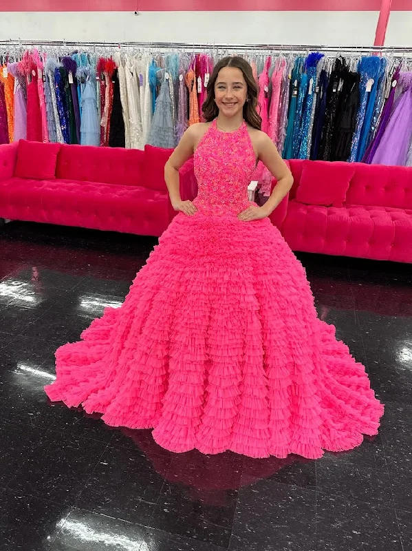 Ashley Lauren Kids 8198 Size 16 Hot Pink Ballgown Tulle Ruffles Beaded Bustier Halter Neckline Ballgown Ashley Lauren Kids 8198 Size 16 Hot Pink Ballgown Tulle Ruffles Beaded Bustier Halter Neckline Ballgown