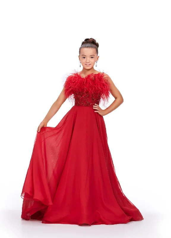 Ashley Lauren Kids 8236 Size 8 Red Long Girls Pageant Dress A Line Chiffon Feather Beaded Ball Gown Ashley Lauren Kids 8236 Size 8 Red Long Girls Pageant Dress A Line Chiffon Feather Beaded Ball Gown