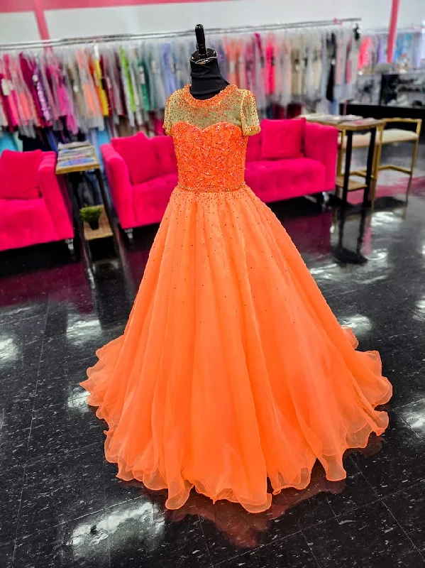 Ava Presley 38043 Size 10 Neon Orange Girls Pageant Dress Sheer High Neck Ballgown cap sleeve crystal organza Train Ava Presley 38043 Size 10 Neon Orange Girls Pageant Dress Sheer High Neck Ballgown cap sleeve crystal organza Train