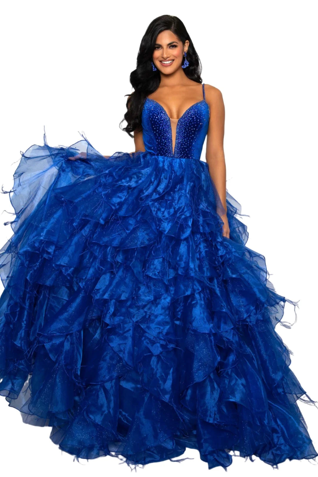 Ava Presley 39554 Size 10,14 Royal Feather Velvet Dress A Line Ruffle Ballgown V Neck Formal Pageant Prom Ava Presley 39554 Size 10,14 Royal Feather Velvet Dress A Line Ruffle Ballgown V Neck Formal Pageant Prom