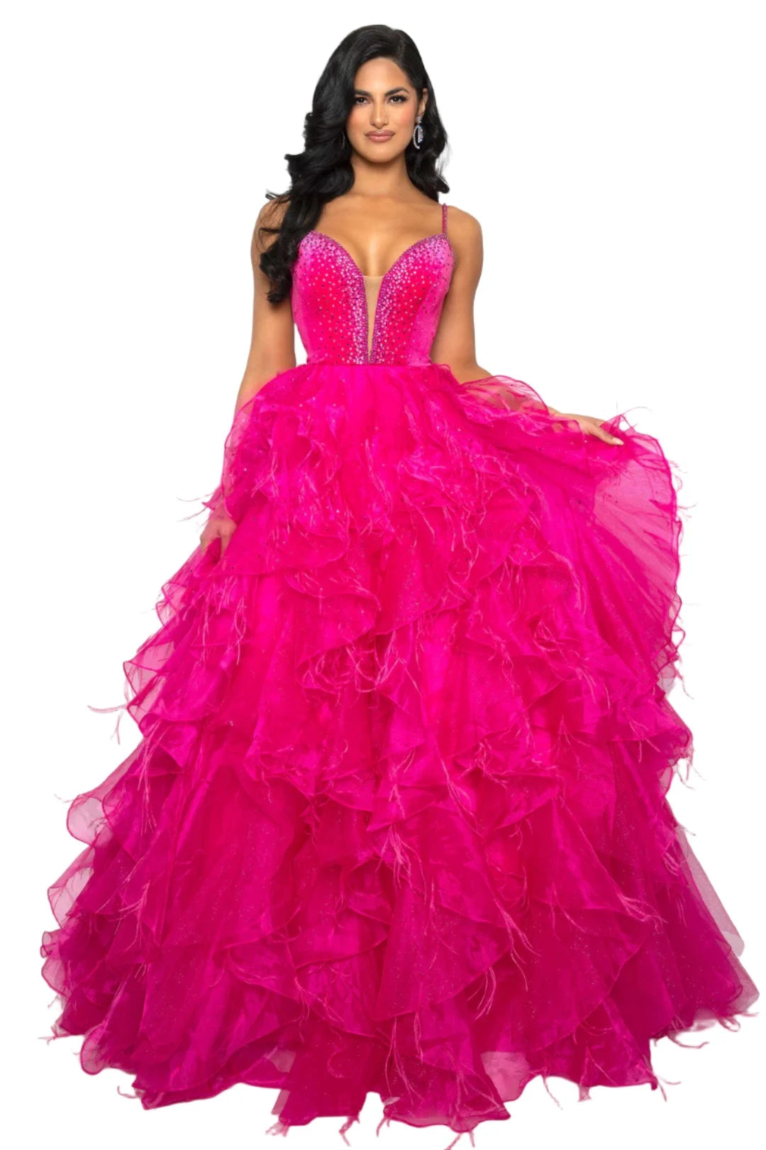Ava Presley 39554 Size 0,4,8,12 Fuchsia Feather Velvet Dress A Line Ruffle Ballgown V Neck Formal Pageant Prom Ava Presley 39554 Size 0,4,8,12 Fuchsia Feather Velvet Dress A Line Ruffle Ballgown V Neck Formal Pageant Prom