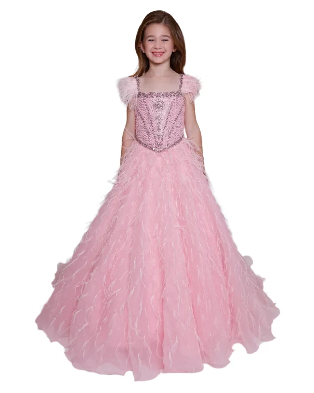 Ava Presley 39889 Size 8 Blush Girls Crystal Bodice Feather Ballgown Pageant Dress Cap Sleeve Formal