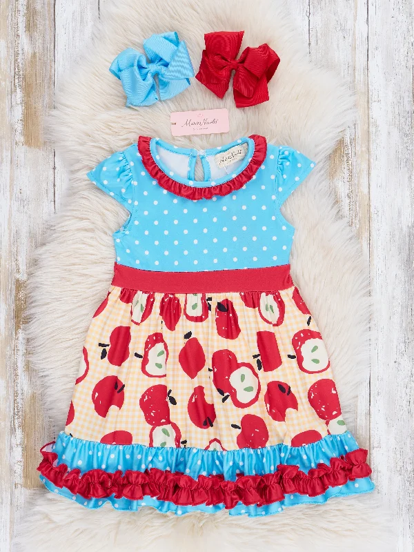 Blue Dots & Red Apples Ruffle Dress