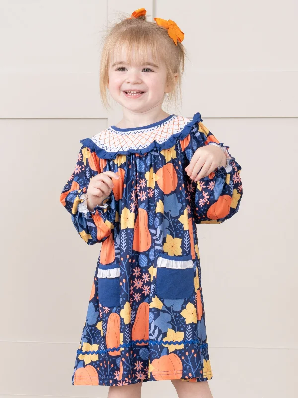 Blue & Orange Smocked Gourds Dress
