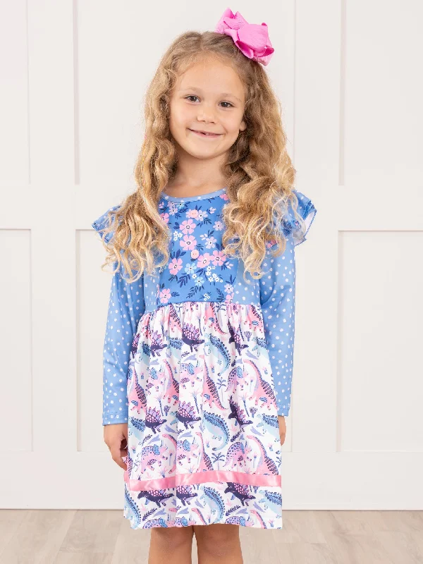 Blue & Pink Dinosaur Blooms Ruffle Dress