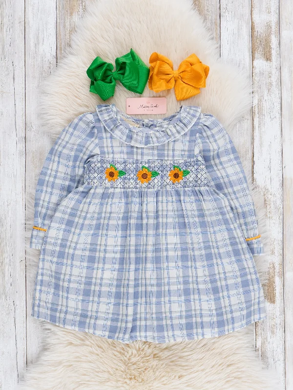 Blue Plaid Smocked Sunflower Dress