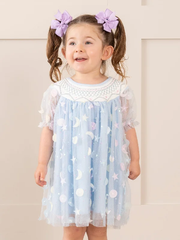 Blue Smocked Garden Blooms Tulle Overlay Dress