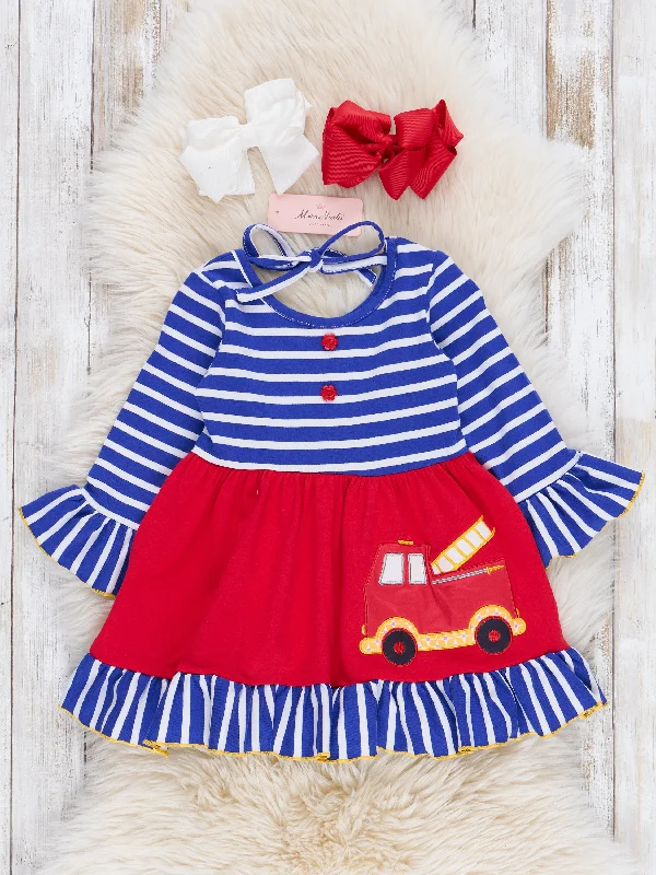 Blue Stripes & Red Fire Engine Ruffle Dress