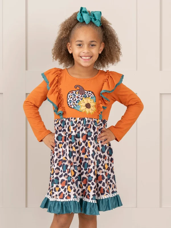 Bronze & Teal Leopard Harvest Ruffle Dress
