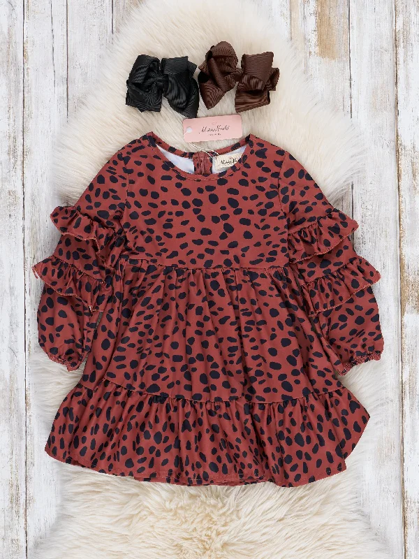 Brown Dalmatian Dots Ruffle Dress