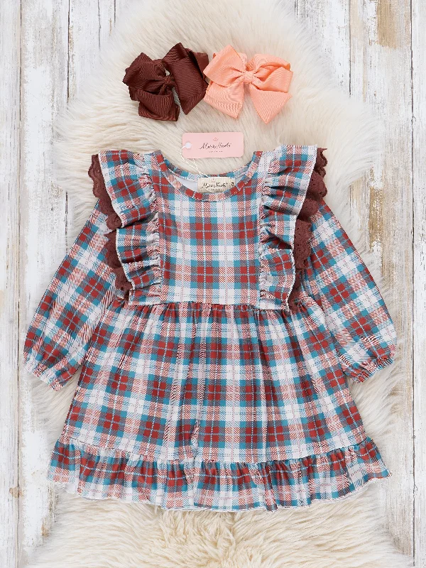 Brown & Turquoise Plaid Ruffle Dress