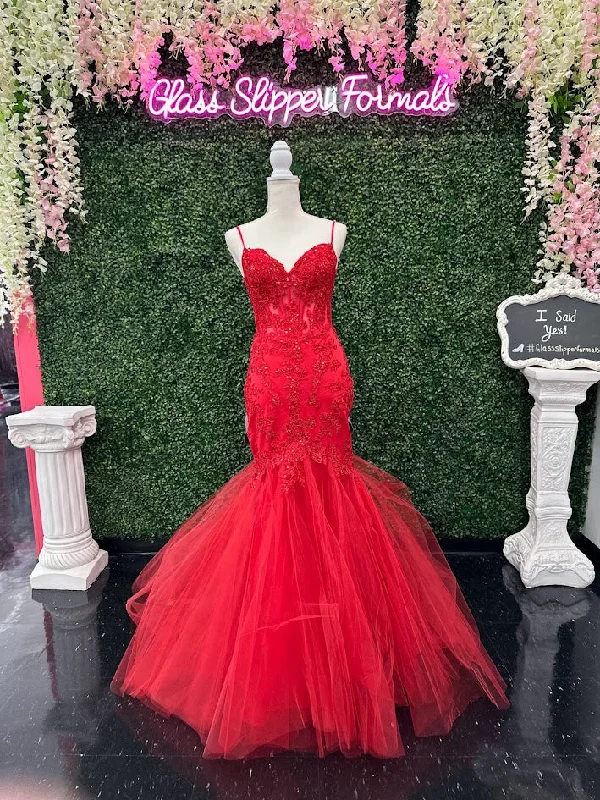 Candice Wang 72321 Size 4 Red Fitted Lace Mermaid Prom Dress Sheer Corset Cut Out Back Evening Gown Candice Wang 72321 Size 4 Red Fitted Lace Mermaid Prom Dress Sheer Corset Cut Out Back Evening Gown