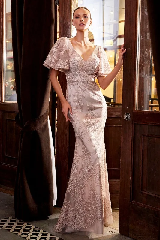 CD 061 Size 10 Long Lace Mother Of Formal Evening Gown Ruffle Sleeve V Neck Dress