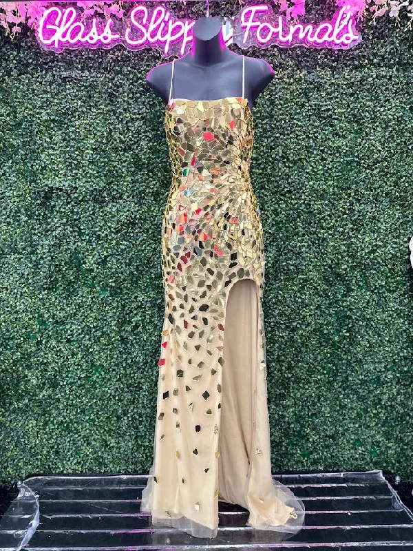 Cecilia Couture 1595 Size 0 Gold Cut Glass Backless Corset Slit Prom Dress Scoop Neck Formal Gown Cecilia Couture 1595 Size 0 Gold Cut Glass Backless Corset Slit Prom Dress Scoop Neck Formal Gown