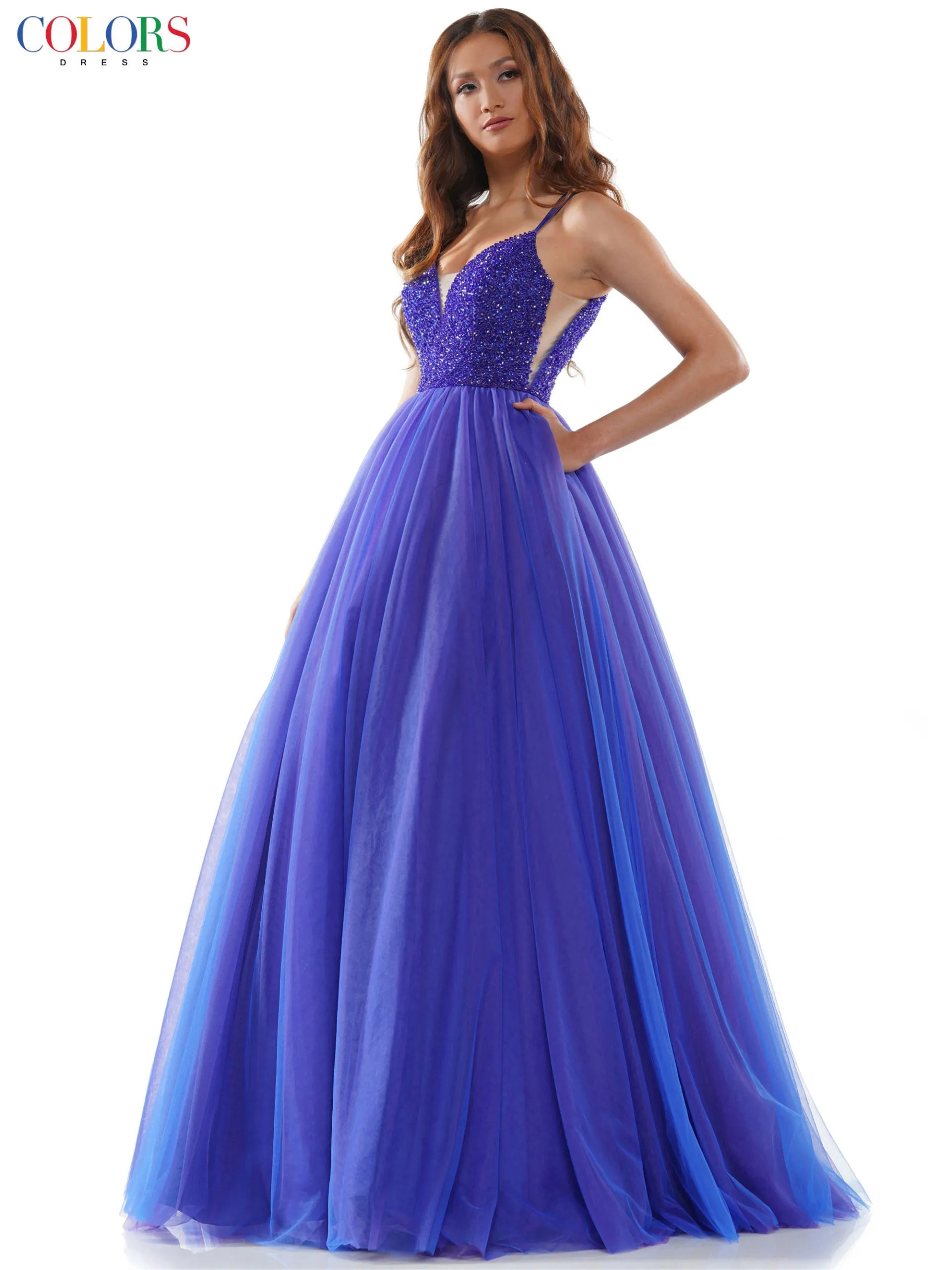 Colors 2382 Size 2 Royal Purple Long Tulle Ballgown Crystal V Neck Prom Dress Open Corset Back Formal Gown Colors 2382 Size 2 Royal Purple Long Tulle Ballgown Crystal V Neck Prom Dress Open Corset Back Formal Gown