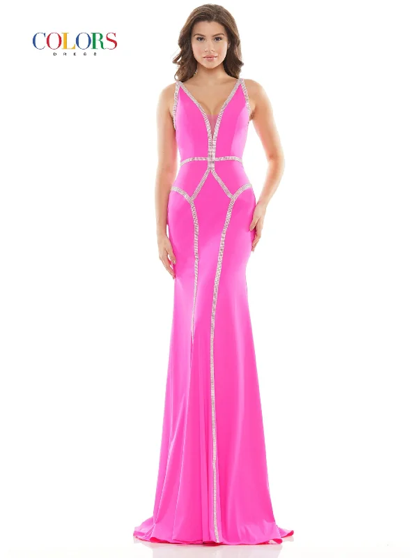 Colors 2696 Size 12 Hot Pink Long Fitted Crystal Embellished V Neck Prom Dress Pageant Gown Colors 2696 Size 12 Hot Pink Long Fitted Crystal Embellished V Neck Prom Dress Pageant Gown