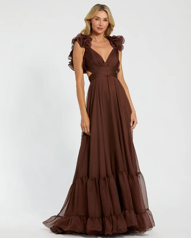 Ruffle Tiered Cut-Out Chiffon Gown