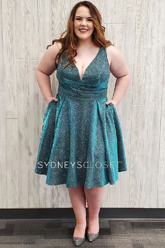 Sydney's Closet SC8108 Size 28 Teal Plus Sized Cocktail Dress Short Metallic Shimmer V Neck Sydney's Closet SC8108 Size 28 Teal Plus Sized Cocktail Dress Short Metallic Shimmer V Neck