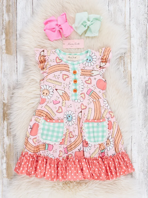Coral & Turquoise School Time Pocket Ruffle Dress