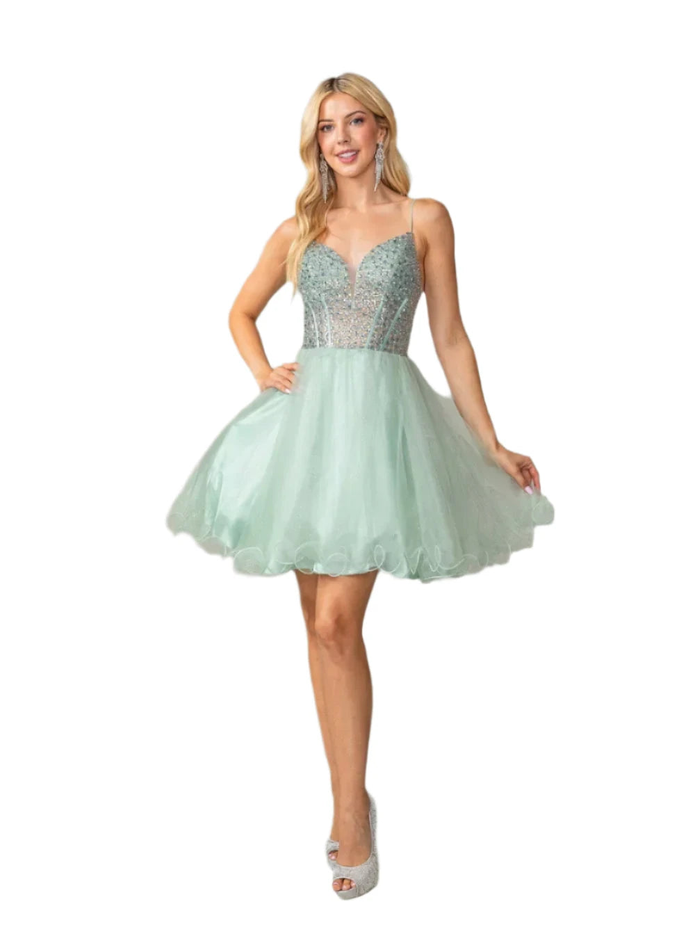 DQ 3353 sz 2 sage Crystal sheer Homecoming Dress Corset Cocktail Dress with plunging neckline DQ 3353 sz 2 sage Crystal sheer Homecoming Dress Corset Cocktail Dress with plunging neckline