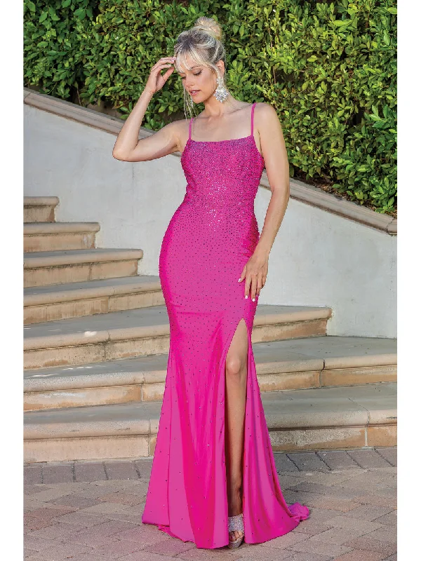 DQ 4242 Size 12, 16 Fuchsia Long Fitted Jersey Crystal Prom Dress Slit Backless Corset Formal Gown DQ 4242 Size 12, 16 Fuchsia Long Fitted Jersey Crystal Prom Dress Slit Backless Corset Formal Gown