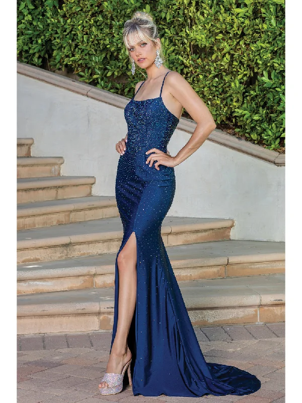 DQ 4242 Size 14 Navy Long Fitted Jersey Crystal Prom Dress Slit Backless Corset Formal Gown DQ 4242 Size 14 Navy Long Fitted Jersey Crystal Prom Dress Slit Backless Corset Formal Gown