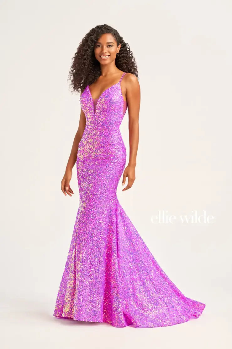 Ellie Wilde EW34016 Size 00 Purple Rain Long Sequin Mermaid Corset Formal Prom Dress Backless V Neck Iridescent