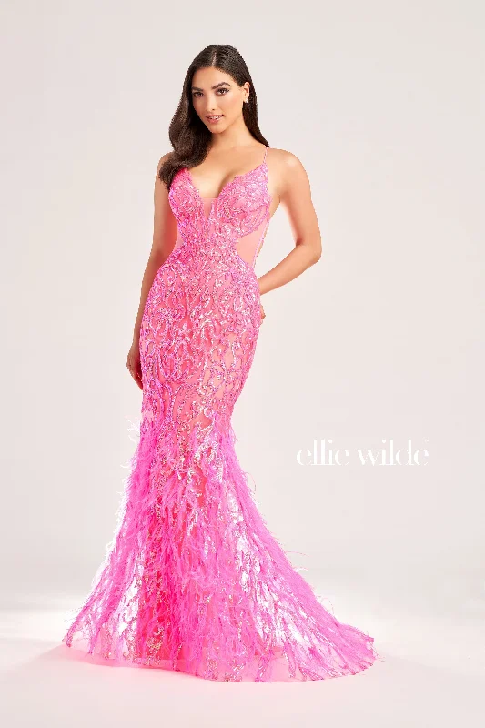 Ellie Wilde EW35006 Size 0 Hot Pink Sheer Sequin Prom Dress Backless Gown Feather Skirt Formal Gown Ellie Wilde EW35006 Size 0 Hot Pink Sheer Sequin Prom Dress Backless Gown Feather Skirt Formal Gown