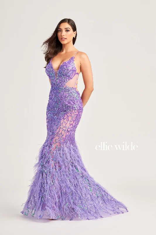 Ellie Wilde EW35006 Size 2 Iris Sheer Sequin Prom Dress Backless Gown Feather Skirt Formal Gown Ellie Wilde EW35006 Size 2 Iris Sheer Sequin Prom Dress Backless Gown Feather Skirt Formal Gown