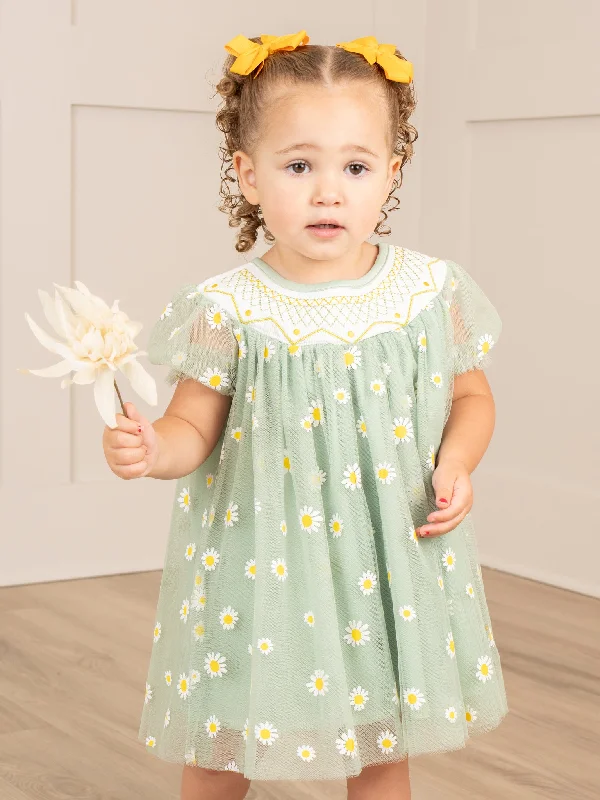 Green Smocked Garden Blooms Tulle Overlay Dress