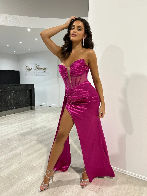 Honey Couture FINA Magenta Strapless Satin Diamanté Detail Corset Bustier Formal Dress (RED TAG FINAL SALE) Honey Couture FINA Magenta Strapless Satin Diamanté Detail Corset Bustier Formal Dress (RED TAG FINAL SALE)