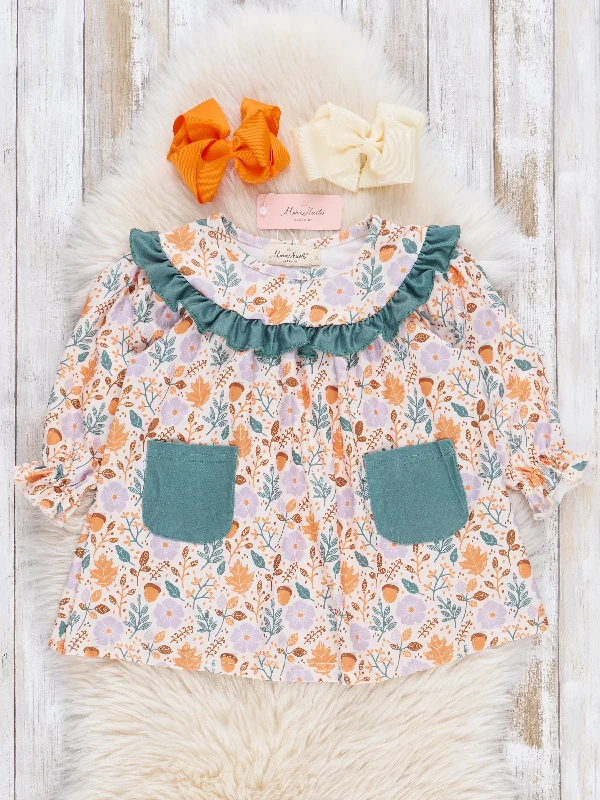 Hunter Green Dainty Autumn Blooms Ruffle Dress