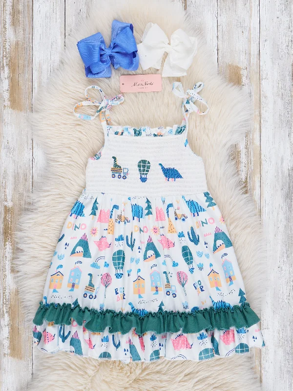 Hunter Green Smocked Dinosaur Friends Dress